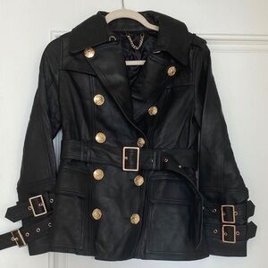 Balmain Black Leather Blazer with Gold Buttons